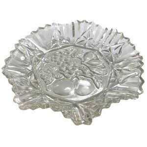 Vintage Crystal Glass Fruit Pattern Serving Plate With Scalloped Edges